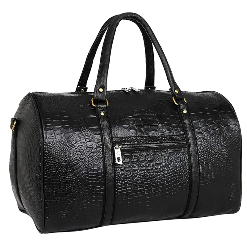 Black synthetic leather duffel bag for travel for promotions, events and gifts.