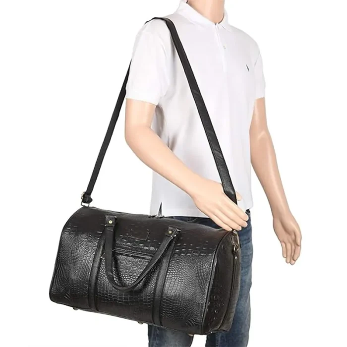 Black synthetic leather duffel bag for travel for promotions, events and gifts.