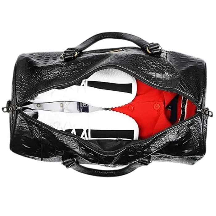 Black synthetic leather duffel bag for travel for promotions, events and gifts.