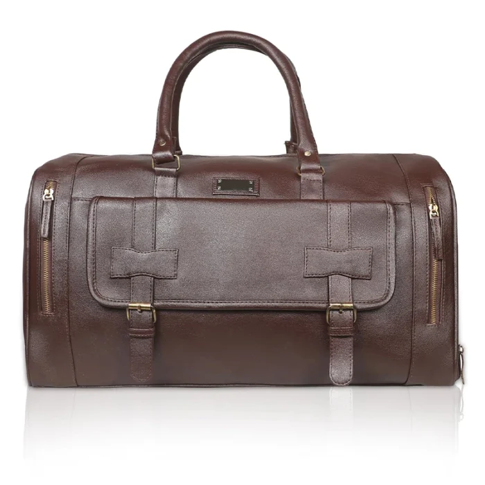 Brown Pu leather duffel bag for corporate gifting in events and promotions with customized branding.