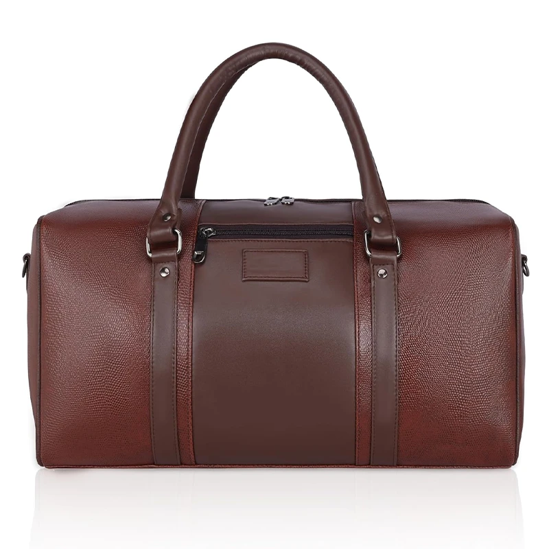 Brown synthetic leather duffel bag for corporate gifting in events and promotions.
