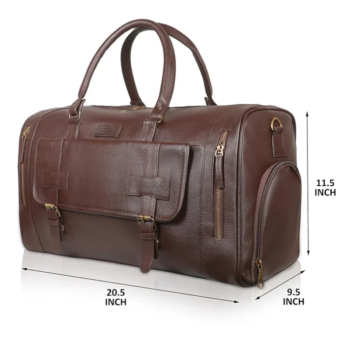 Brown Pu leather duffel bag for corporate gifting in events and promotions with customized branding.