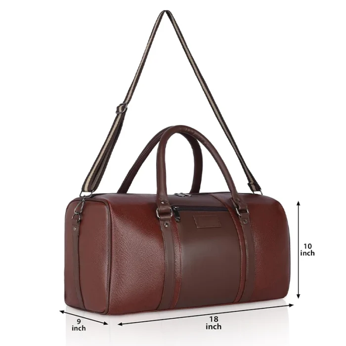 Brown synthetic leather duffel bag for corporate gifting in events and promotions.