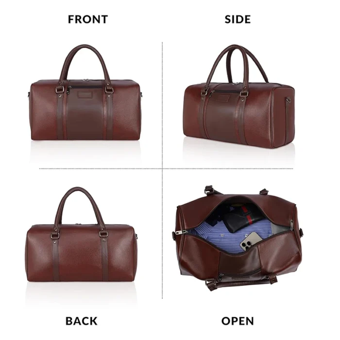 Brown synthetic leather duffel bag for corporate gifting in events and promotions.