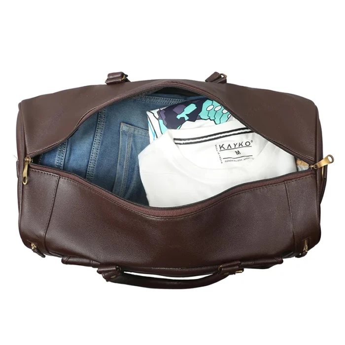Brown Pu leather duffel bag for corporate gifting in events and promotions with customized branding.