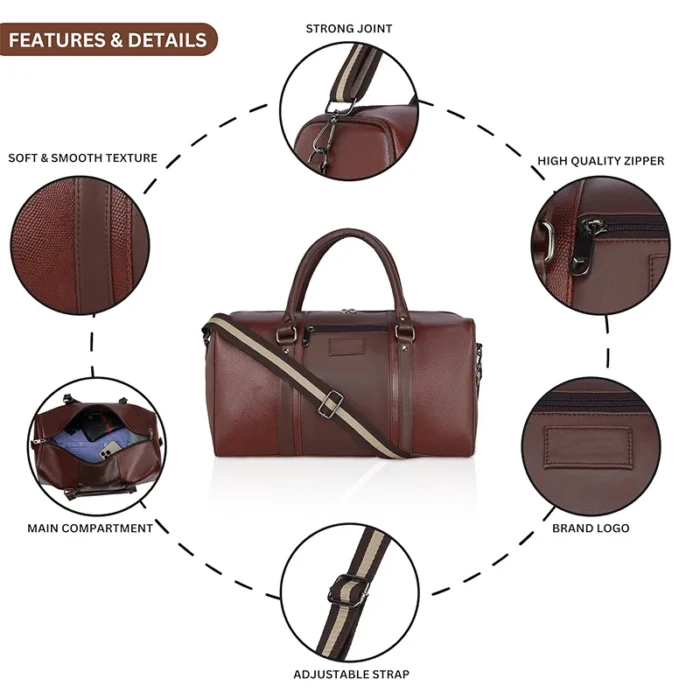 Brown synthetic leather duffel bag for corporate gifting in events and promotions.