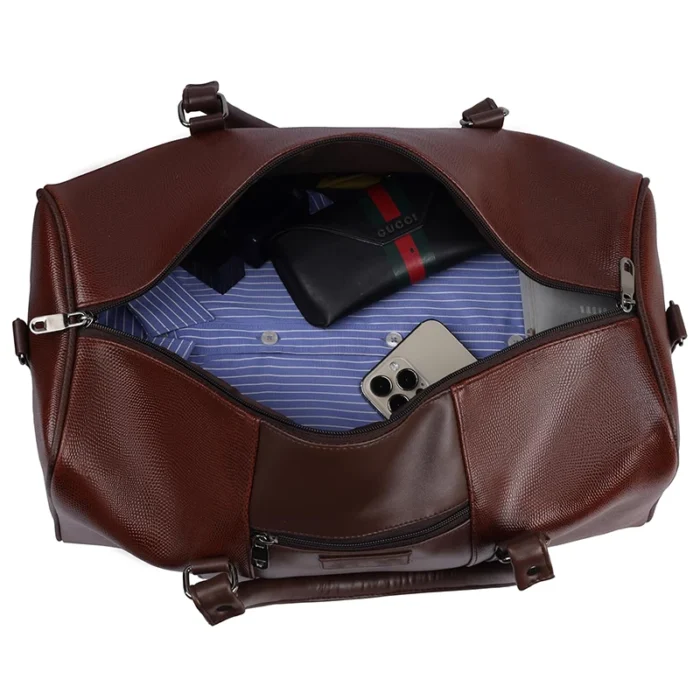 Brown synthetic leather duffel bag for corporate gifting in events and promotions.