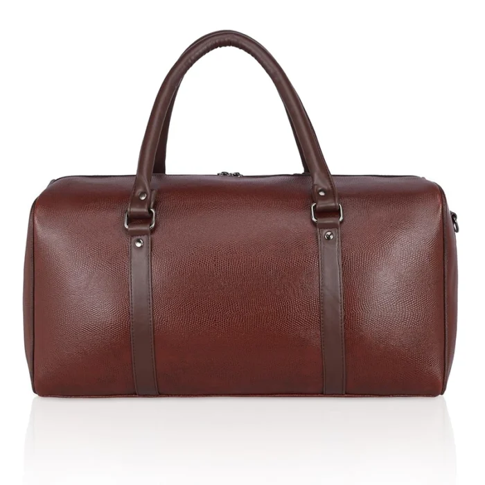 Brown synthetic leather duffel bag for corporate gifting in events and promotions.