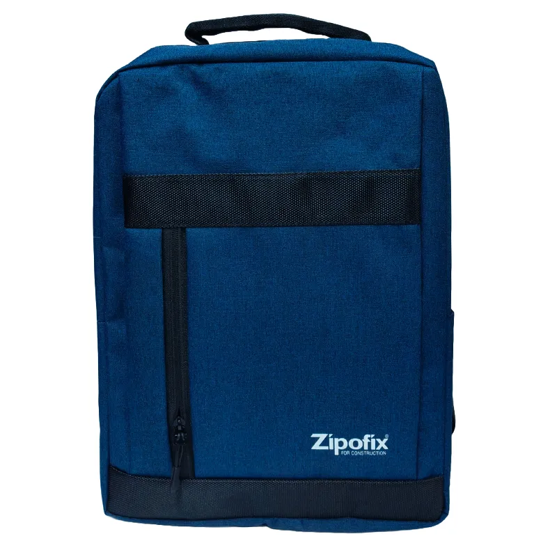 Custom blue corporate backpack manufactured for Zipofix by Galaxy Bags in bulk