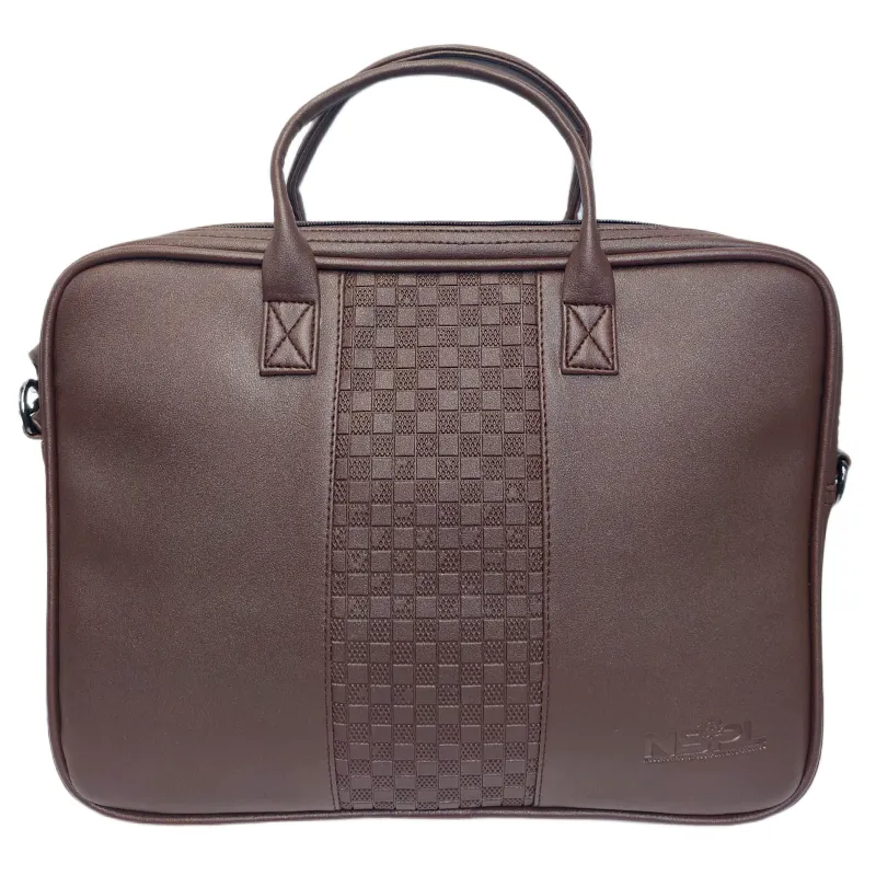 Custom brown corporate laptop bag manufactured for NSPL by Galaxy Bags in bulk