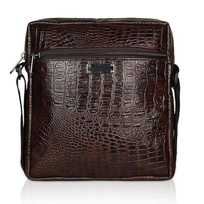Brown croco sling bag with metal logo plate for bulk corporate gifting