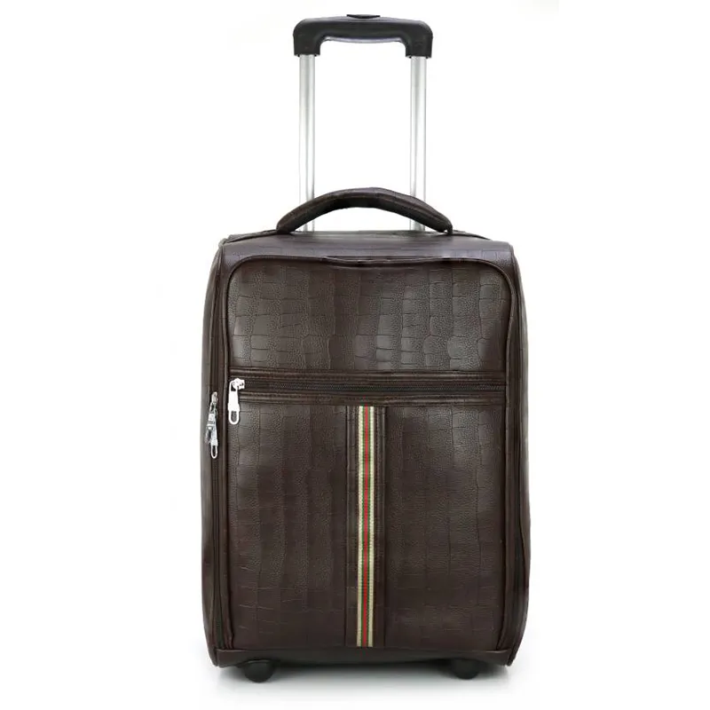 Dark brown crocodile texture trolley travel bag with telescopic handle, smooth wheels and front zip pocket for corporate travel and bulk orders.