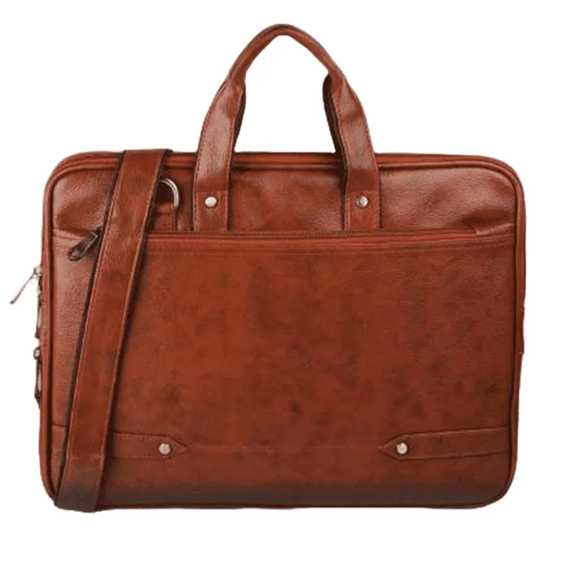Tan brown leather laptop office bag front view for corporate gifting bulk