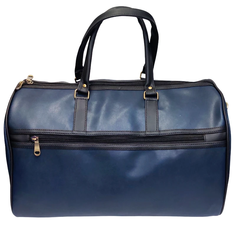 Blue leather travel duffel bag front view for corporate gifting bulk b2b in events and promotions.